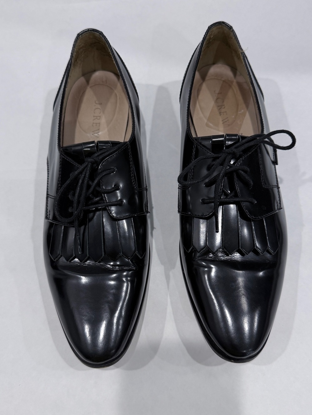 J. Crew Black Leather Kiltie Lace-Up Oxfords with Fringe